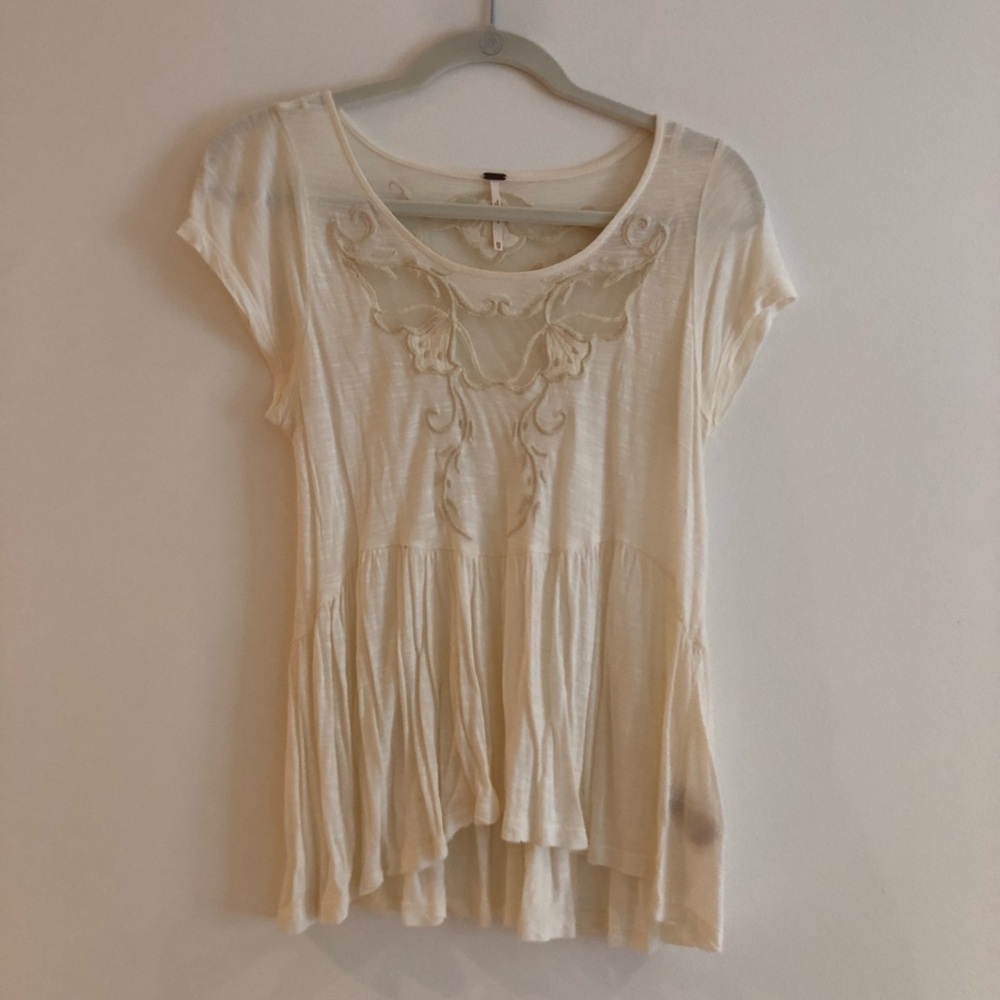 Free People White Embroidered Tee Size XS